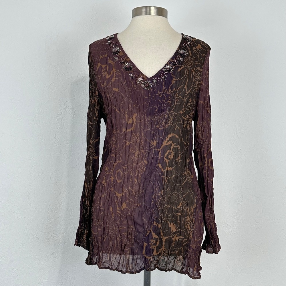 Whimsigoth Fairy Boho Grunge Top Sz XL Floral Crinkle Beaded Long Sleeve V-Neck
